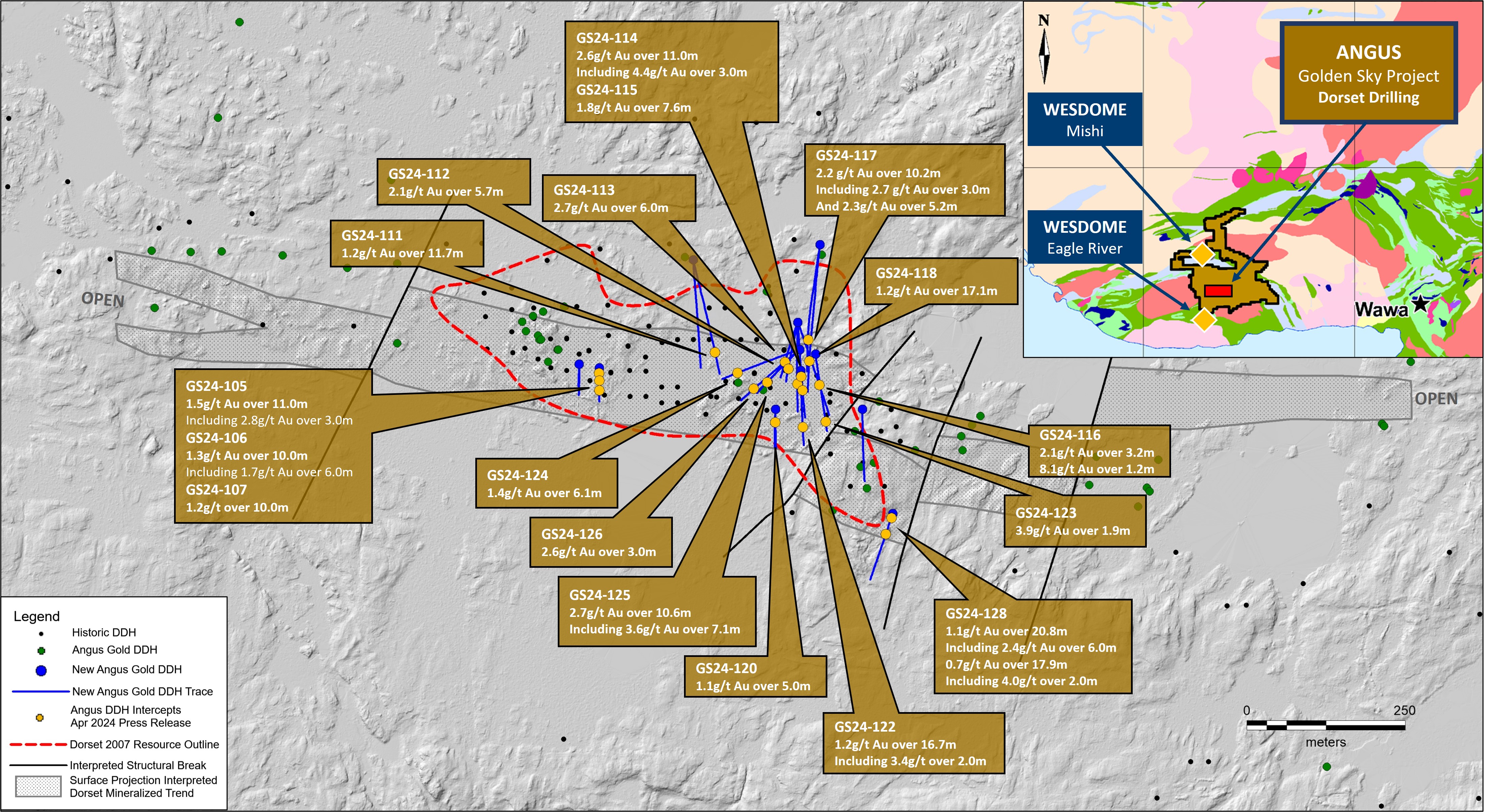 Figure 1: Surface Map – Dorset Gold Trend new drilling, Golden Sky Project Location Map.