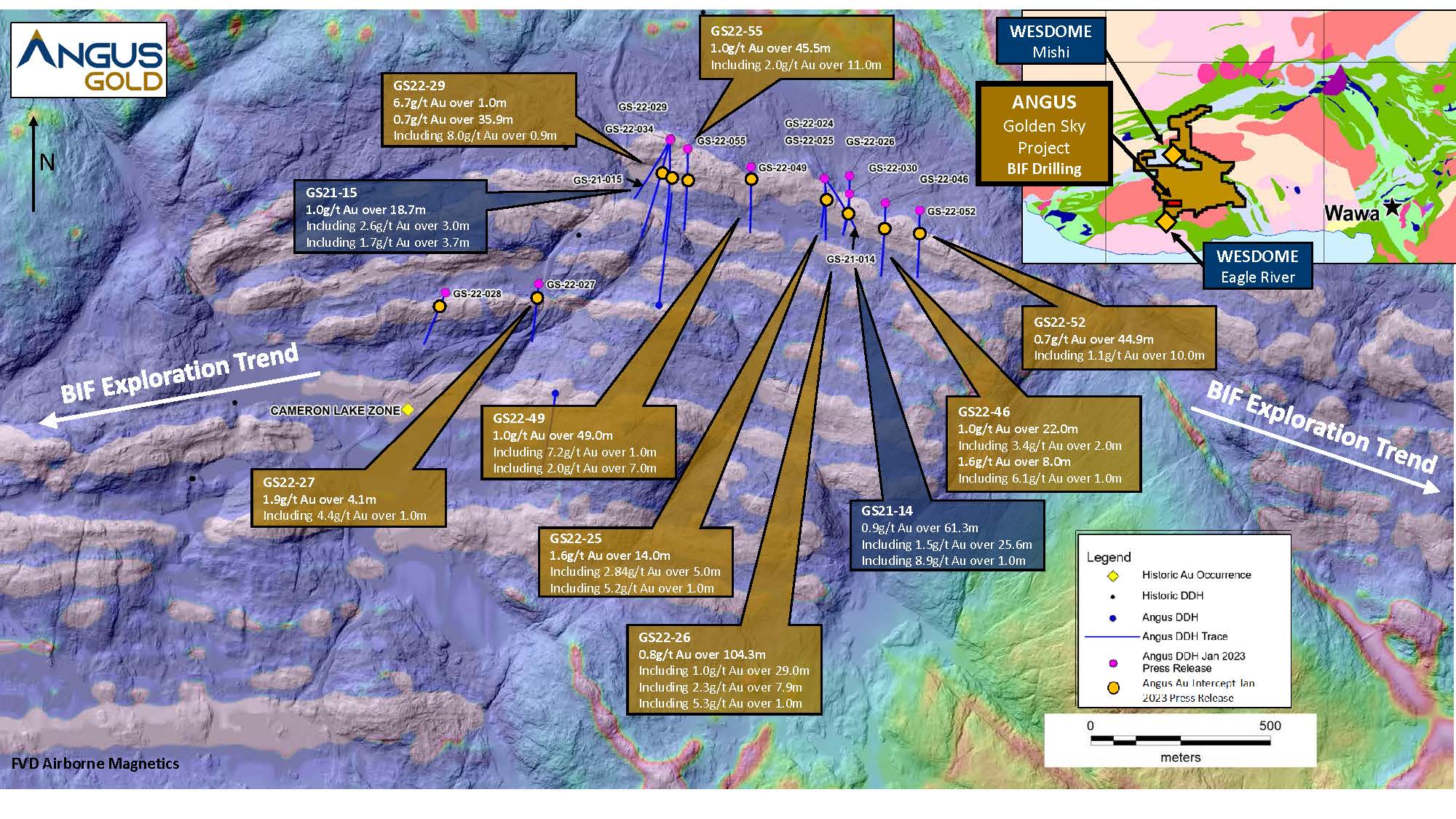 Figure 1: Surface Map – BIF new drilling, Golden Sky Airbone Magnetics Map